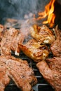 Food meat - chicken and beef on party summer barbecue grill Royalty Free Stock Photo