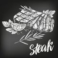 Food meat, steak, roast set, calligraphic text, hand drawn vector illustration realistic sketch, , drawn in chalk on a