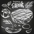 Food meat, steak, roast, vegetable set, hand drawn vector illustration realistic sketch , drawn in chalk on a black Royalty Free Stock Photo