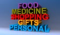 Food medicine shopping gifts personal on blue