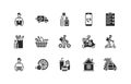 Food and medicines delivery flat glyph icons set. Vector illustration couriers on different transport silhouette
