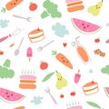 Food menu for kids seamess pattern, vector illustration. Fresh healthy cartoon fruit for baby wallpaper, cute colorful Royalty Free Stock Photo