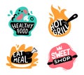 Food menu logotype. Cooking labels with kitchen utensils and text. Culinary badges for store with healthy food and sweet