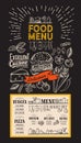 Food menu template for restaurant. Flyer for bar and cafe on blackboard background. Design with vintage hand-drawn illustrations. Royalty Free Stock Photo
