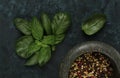 Mix of peppercorns, in a mortar for spices, oregano leaves, concept, on a dark green background, top view,