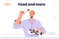 Food and more landing page design template with cartoon man character eating sushi with chopstick Royalty Free Stock Photo