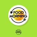 Food Morning logo. Breakfast cafe emblem. Fried egg like sun, fork and spoon on a green background.