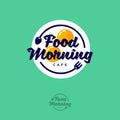 Food Morning logo. Breakfast cafe emblem. Fried eggs fork and spoon on a green background.