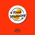 Food Morning logo. Breakfast cafe emblem. Fried eggs fork and spoon on an orange background.