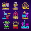 Food neon icon. Beer drinks light advertising emblem pizza craft products vector set