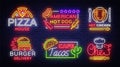 Food neon sign vector collection. Set neon logos, emblems, symbols, Pizza House, American Hot Dog, Hot Chicken, Burger