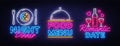 Food night set neon sing, label and logo. Romantic Dinner banner Design template, logo, emblem and label. Restaurant Royalty Free Stock Photo