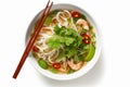 asian food vegetable traditional soup broth noodle bowl background white dish. Generative AI.