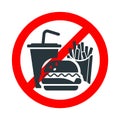 Food not allowed, drinking and eating forbidden sign with fries, cocktail and hamburger icon on white background