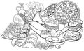 Food objects and dishes group cartoon coloring page Royalty Free Stock Photo