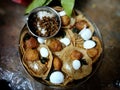 Food is offered to the goddess in India during the Navratri celebration. Different types of food items for praying in the temple.