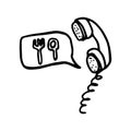 Food ordering service cartoon icon, wired handset with bubble speech fork and knife