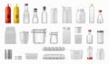 Food packages. Sauce bottles and cereal containers, realistic kitchen boxes, carton plastic and metal packs. Vector