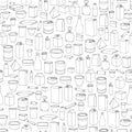 Food packaging seamless pattern. Different package outline doodle drawn icons tile background