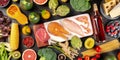 Food panorama. Meat, fish, chicken and seafood, vegetables and fruits, wine etc