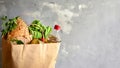 Food in a paper bag. Food donation or food delivery concept. Free space for text. Oil, bread, cabbage, salad, vegetables, canned Royalty Free Stock Photo