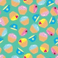 Food, pastry, tea baking. Seamless kitchen pattern with multicolored pink blue yellow muffin cakes with berry cherries, icing on a Royalty Free Stock Photo