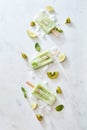 A beautiful pattern of homemade healthy ice cream on a stick with slices of ice, kiwi, lime and mint leaves on a gray Royalty Free Stock Photo