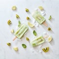 Food pattern of lime ice cream lollywith a slice of kiwi, fresh mint leaves with ice slices, lime and kiwi on a gray Royalty Free Stock Photo