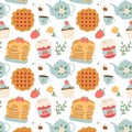 Food pattern. Teapot, pancakes, muffin, jam, pie, raspberries flat. Seamless pattern for textile, wrapping paper Royalty Free Stock Photo