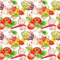 Food pattern with tomatoes, peppers, chilly, garlic. Seamless vegetables pattern. Watercolor