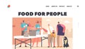 Food for People Landing Page Template. Volunteers Feeding Poor Homeless Giving Food to Beggars or Refugees on Street