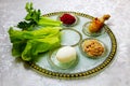 Symbolic foods for Pesach Jewish Passover. Passover Seder plate Israel, Hebrew: Passover bowl Royalty Free Stock Photo