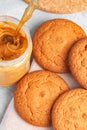 Food photo composition. Brown oatmeal cookies in a plate. on a craft background