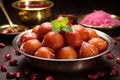 food photo of gulab jamun garnished with mint leaf, traditional Indian sweets