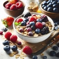 Food photography breakfast - muesli bowl with berry fruits and cereal isolated on white background. ai generative