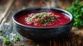 Food photography, classic borscht, vibrant beetroot red, steam rising, served in an elegant black ceramic bowl on a