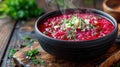 Food photography, classic borscht, vibrant beetroot red, steam rising, served in an elegant black ceramic bowl on a