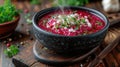 Food photography, classic borscht, vibrant beetroot red, steam rising, served in an elegant black ceramic bowl on a