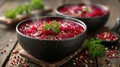 Food photography, classic borscht, vibrant beetroot red, steam rising, served in an elegant black ceramic bowl on a