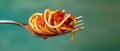 Food photography - Close up of fork full italian spaghetti tomato sauce, bolognese with parmesan cheese, isolated on green, AI Royalty Free Stock Photo