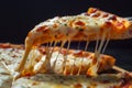 food photography, close-up of a slice pizza with stringy cheese isolated on black background