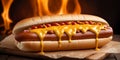 Food photography of delicious hotdog topped with melted cheese, big sausage