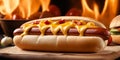 Food photography of delicious hotdog topped with melted cheese, big sausage