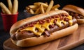 Food photography of delicious hotdog topped with melted cheese, big sausage