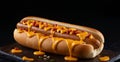 Food photography of a delicious hotdog topped with melted cheese on a dark background