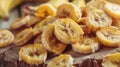 Food Photography, Dried bananas showcased on a rustic wooden backdrop.