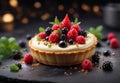 food photography featuring a beautiful berry and cream tartlet prepared molecular gastronomy