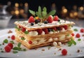 food photography featuring a beautiful mille-feuille cake prepared in molecular gastronomy style