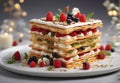 food photography featuring a beautiful mille-feuille cake prepared in molecular gastronomy style