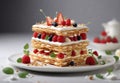 food photography featuring a beautiful mille-feuille cake prepared in molecular gastronomy style